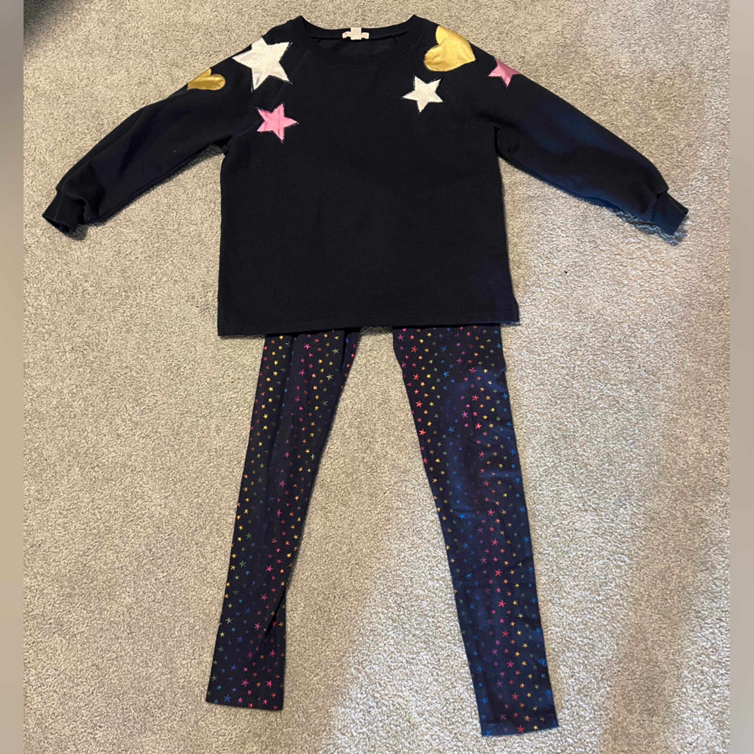 Girls J Crew Navy/Pink Stars And Heart Sweatshirt And Leggings, Size 10